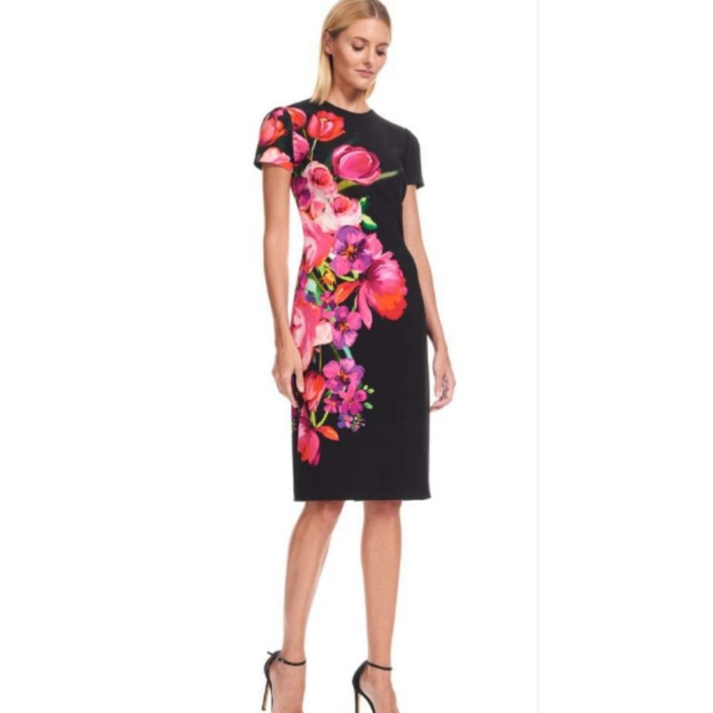 David Meister - Black w/ Pink Floral Print Sheath Dress Sz 8